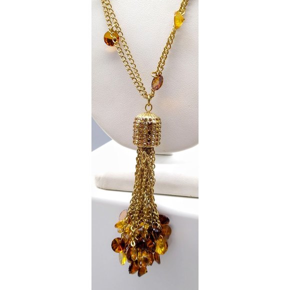 Vintage Autumn Tassel Pendant Necklace, Shades of Amber Rivoli Lucite Beads - Picture 4 of 6